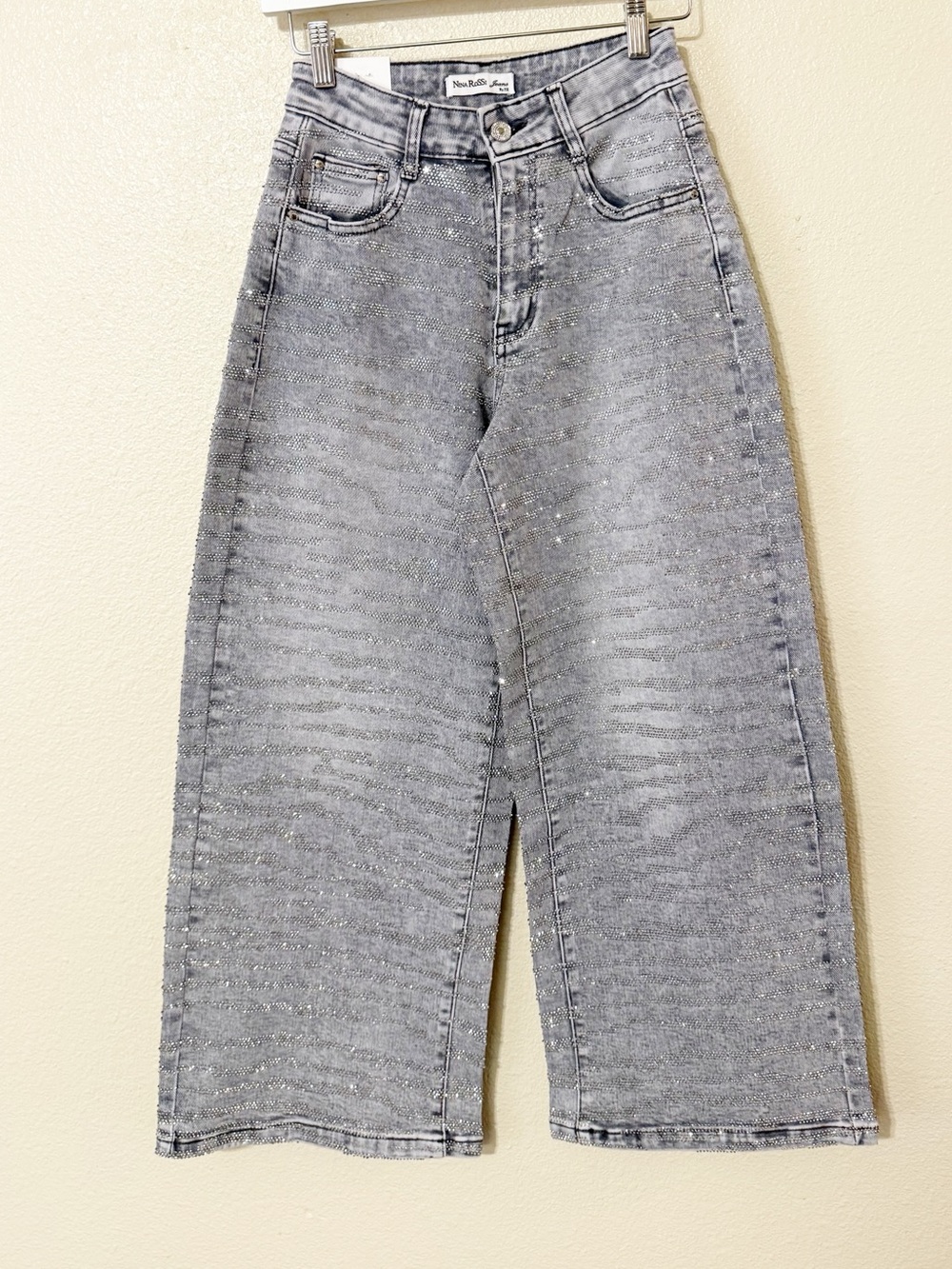 Nina Rossi Wavy Zebra Tiger Stripe Crystal Jeans in Light Grey Wash size medium - Picture 2 of 9
